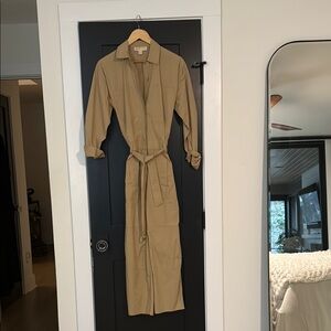 Tan Long Sleeve Belted Jumpsuit